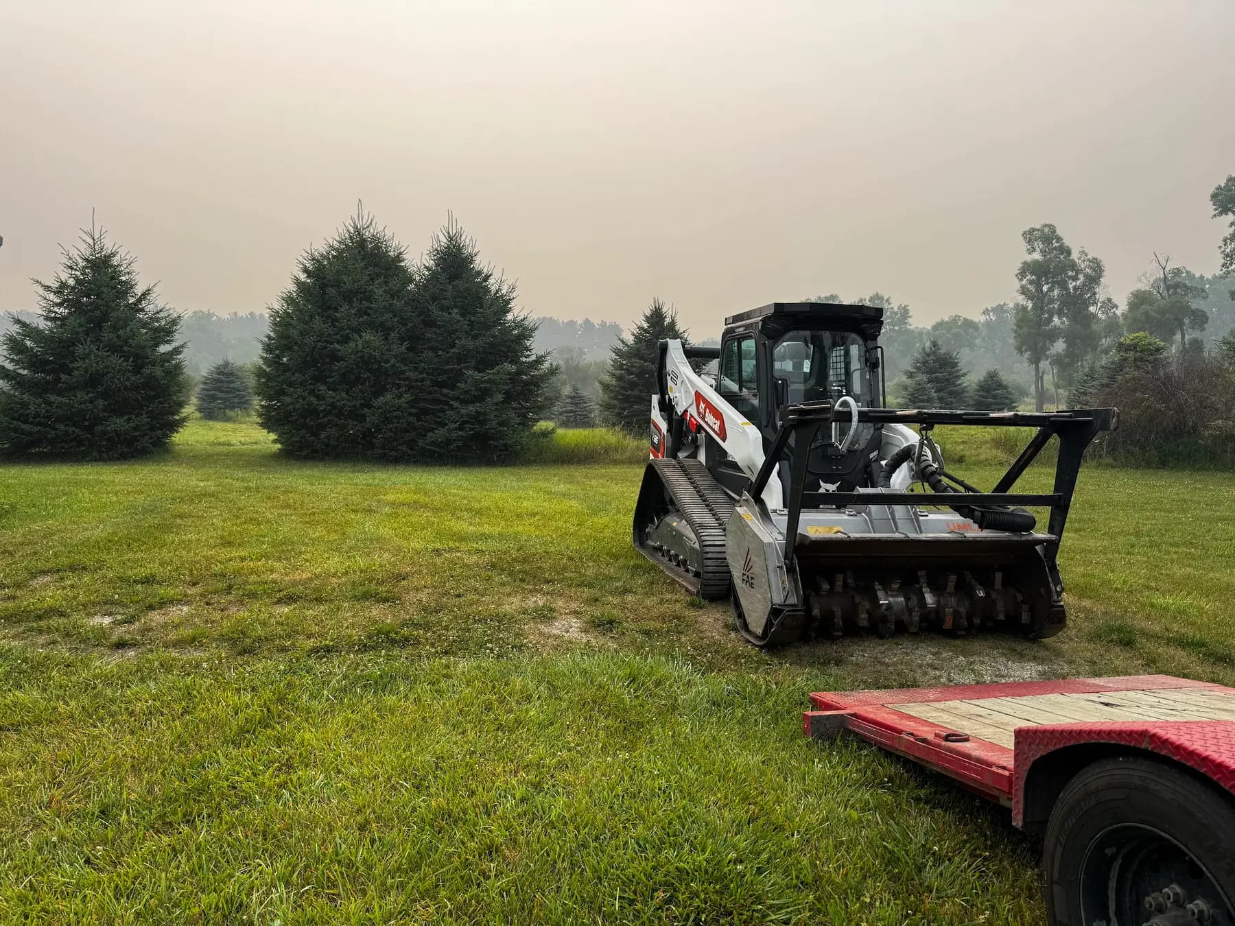 Tracked forestry mulcher on a grassy property with trees in the background